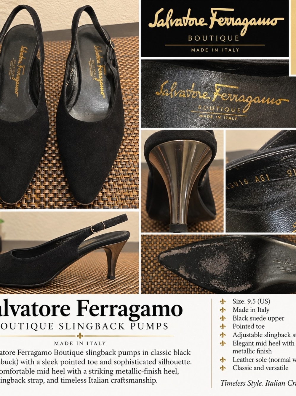Salvatore Ferragamo Black Suede Slingback Pumps with Metallic Heel